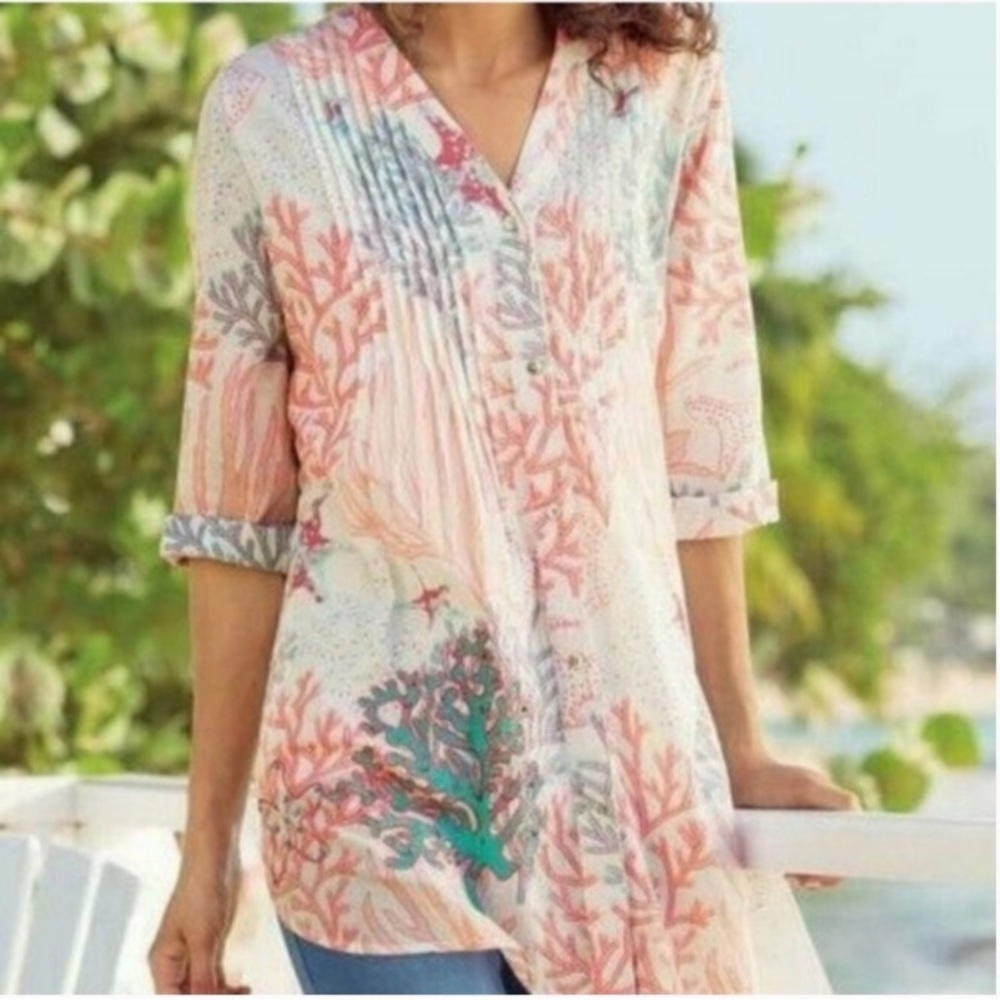 Soft Surroundings Mahla Reef Tunic Top Blouse Tee Shirt Button Down Coral Medium